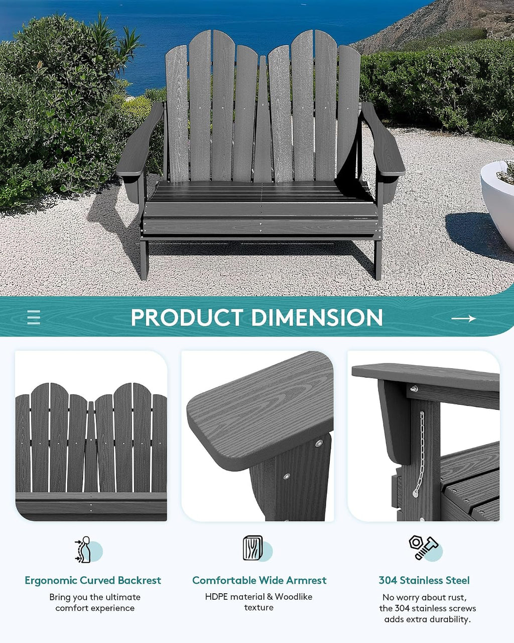 SERWALL Folding Adirondack Bench, HDPE All-Weather Adirondack Loveseat Set of 2, Grey
