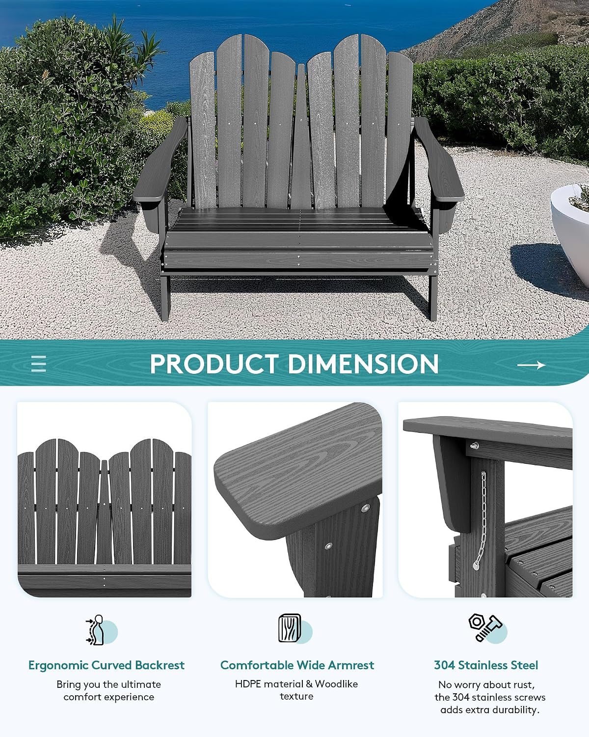 SERWALL Folding Adirondack Bench, HDPE All-Weather Adirondack Loveseat Set of 2, Grey