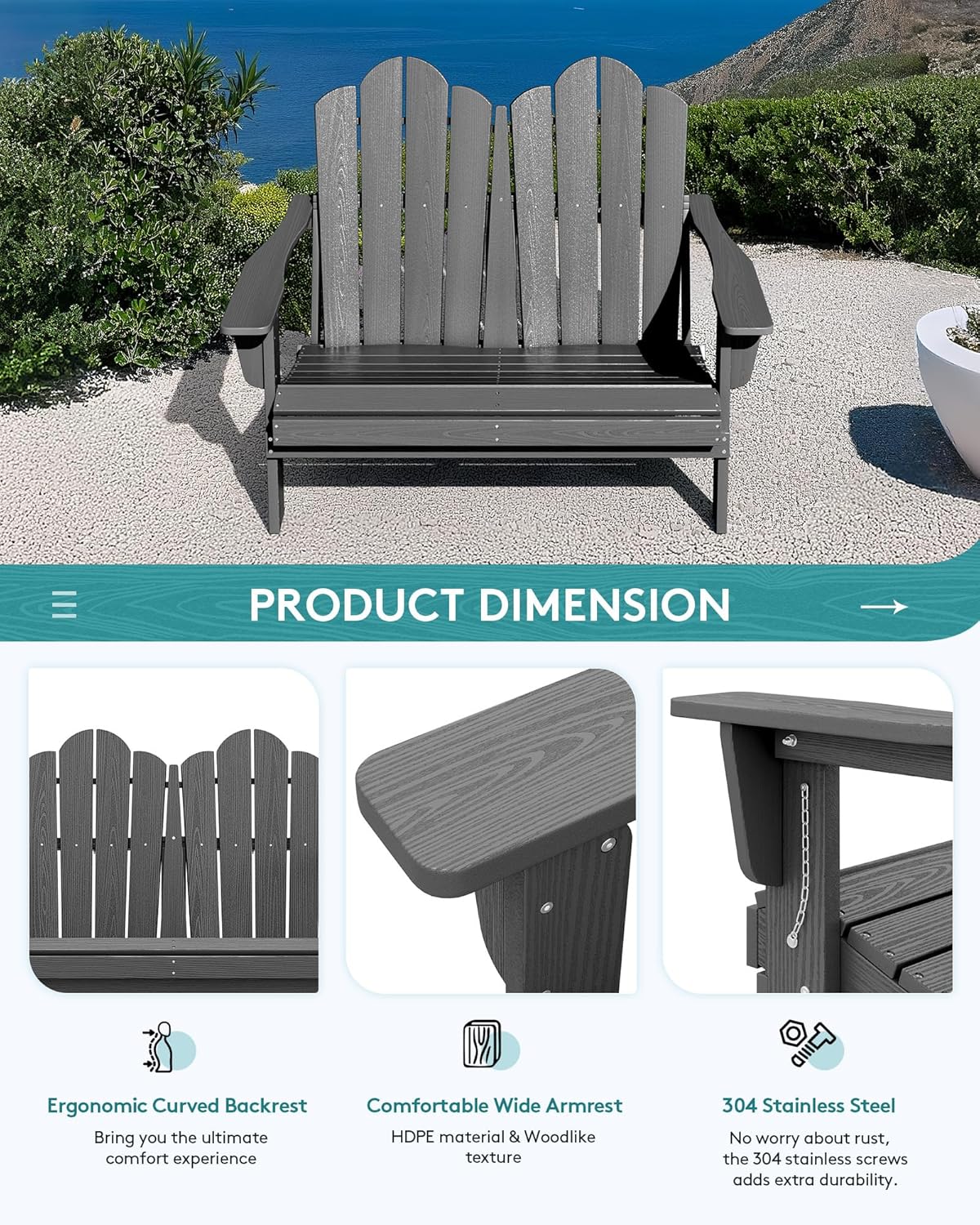 SERWALL Adirondack Bench, HDPE All-Weather Adirondack Loveseat, Outdoor Adirondack Chair for 2, Grey