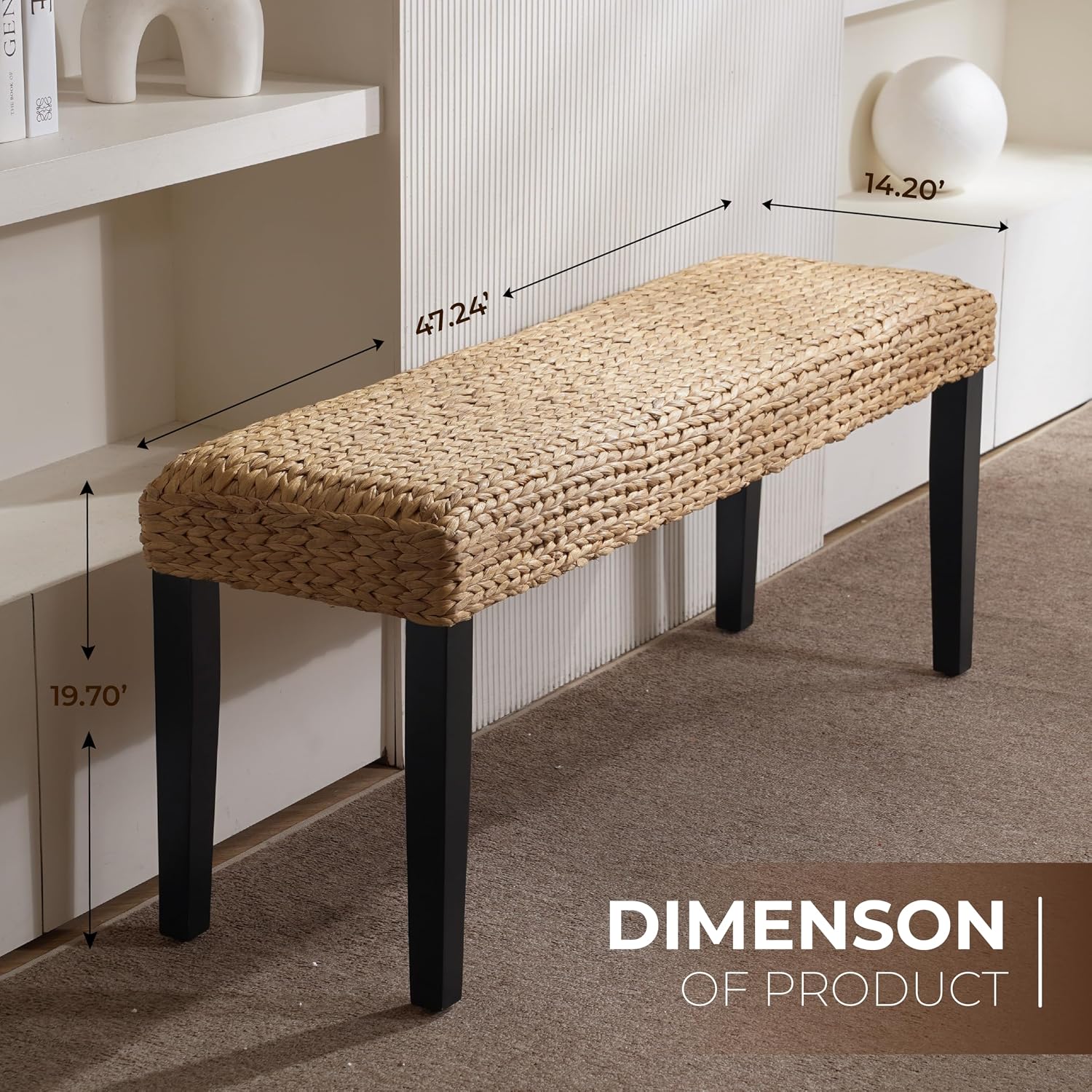 Entryway Bench with Solid Wood Acacia, 47' End of Bed Bench for Bedroom, Water Hyacinth Indoor Bench Seat, Boho Woven Bench for Living Room, Wicker Bench for Hallway or Kitchen, Wood Bench (Black Leg)