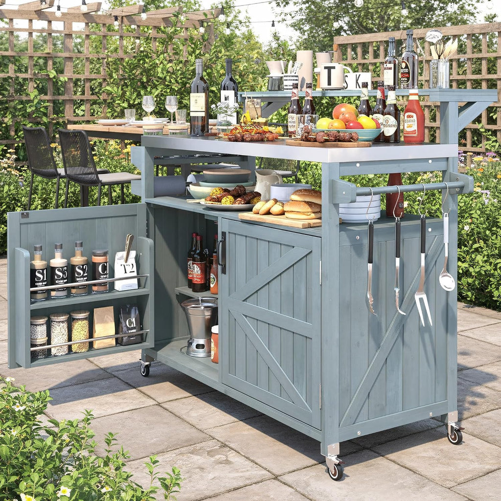 Merax 53.3' Outdoor Kitchen Island with Raised Shelf, Solid Wood Storage Cabinet with Stainless Steel Top, Rolling Grill Cart, Adjustable Shelf, Grey Blue