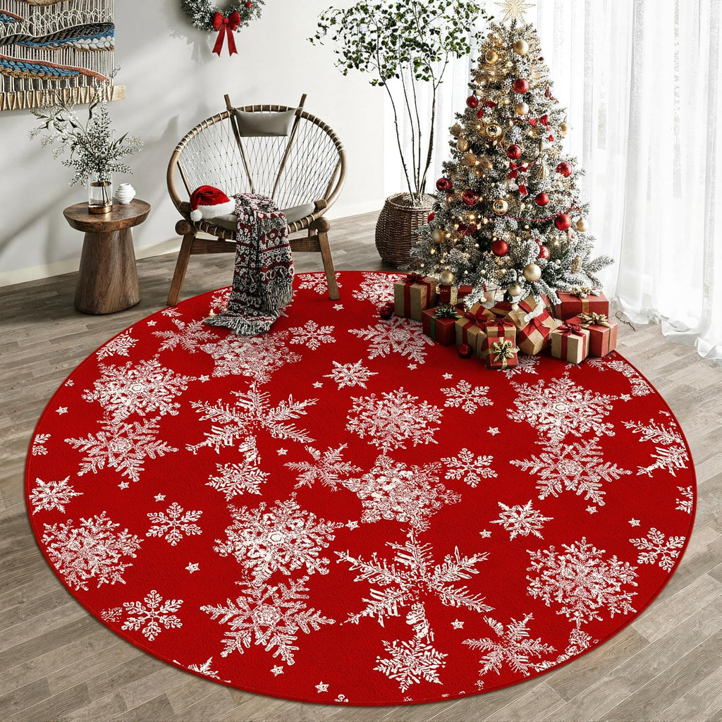 PureCozy Round Area Rug 8ft Red Christmas Living Room Carpet 8 x 8 mas Large Snowflake Circle Rug Indoor Kitchen Washable Bedroom Carpet Holiday Decor Dining Room Playroom