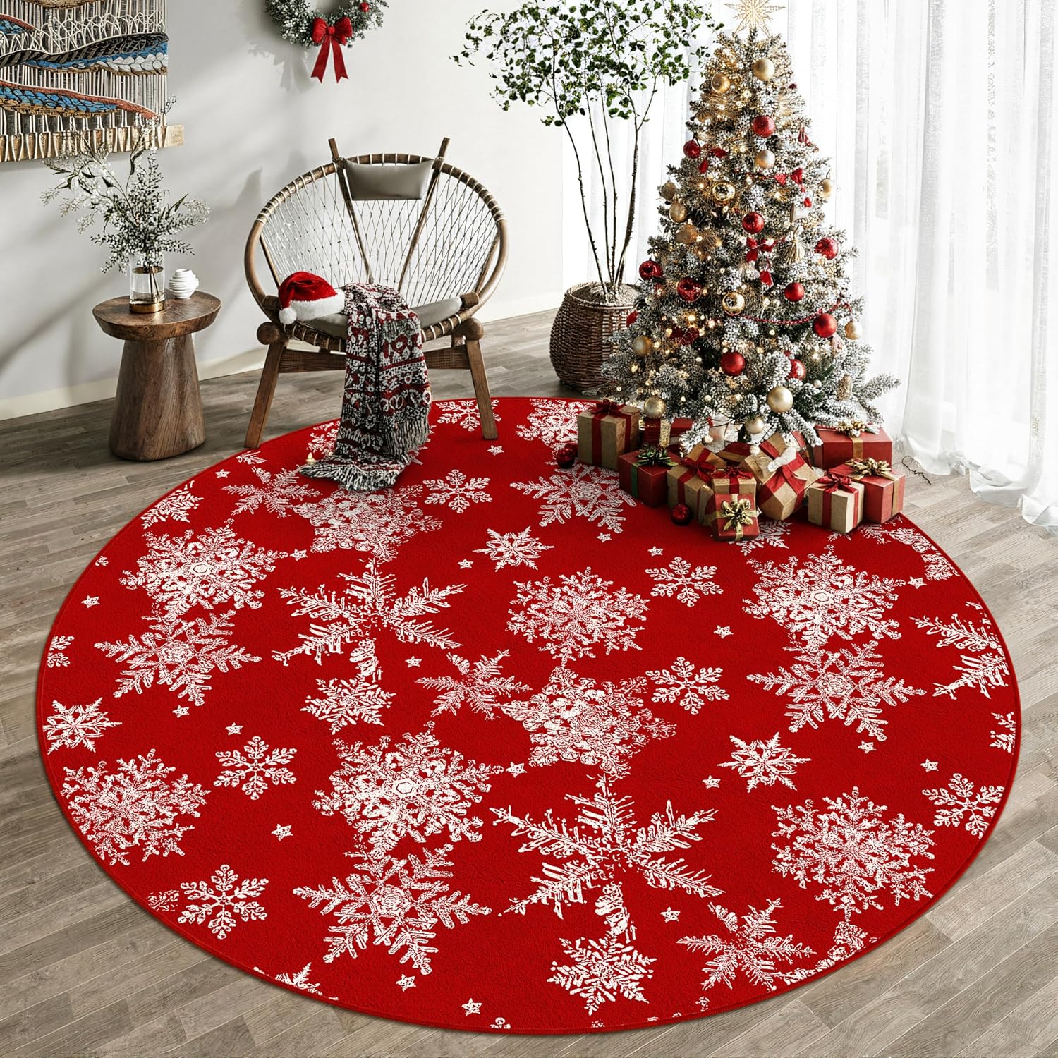 PureCozy Round Area Rug 8ft Red Christmas Living Room Carpet 8 x 8 mas Large Snowflake Circle Rug Indoor Kitchen Washable Bedroom Carpet Holiday Decor Dining Room Playroom