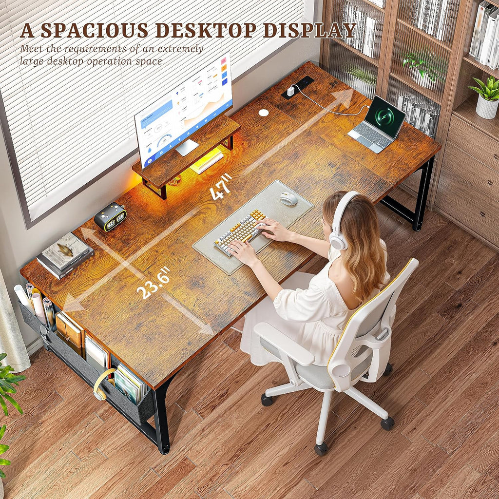DurayLoly 47 Inch Small Computer Desk with Power Outlets & LED Lights, Storage Bag & Headphone Hook, Space-Saving Office Desk for Home Office or Study, Sturdy Writing Table for Professionals, Brown