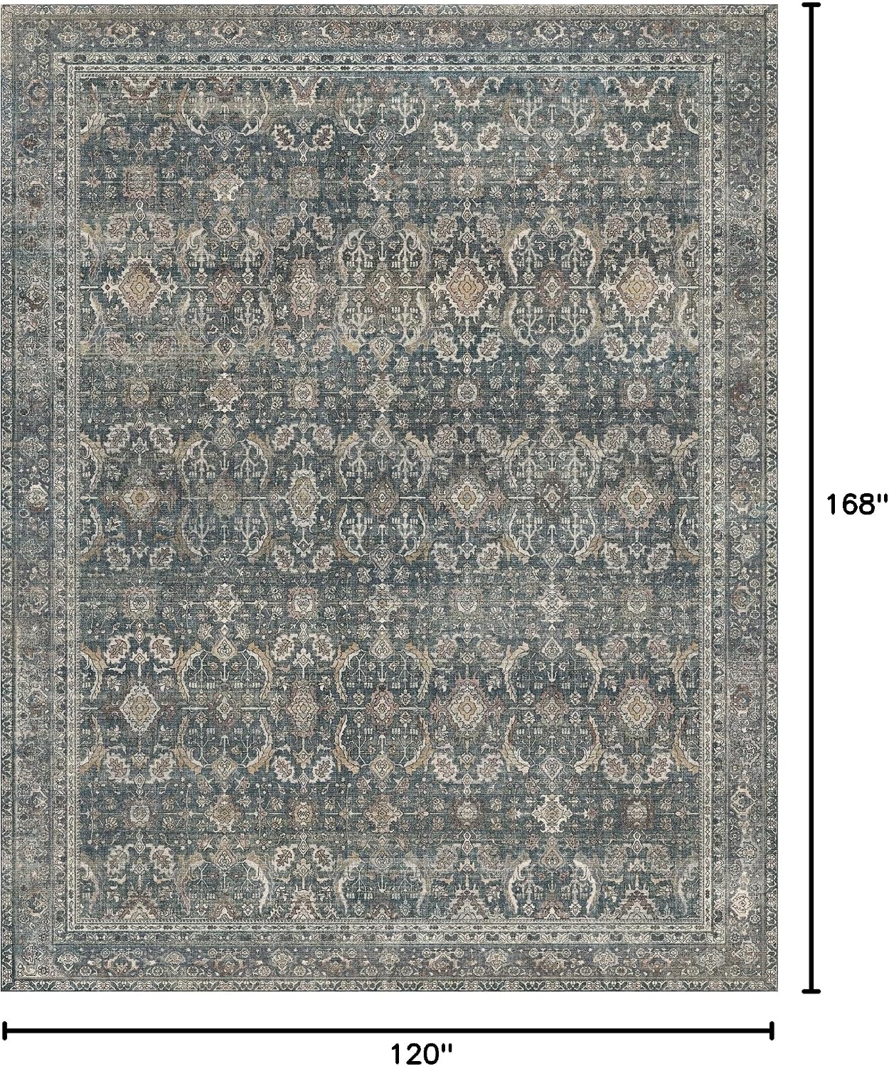 BESBLEE 10X14 Area Rugs Machine Washable Rugs for Living Room, Vintage Boho Large Rugs for Bedroom Dining Room, Non Slip Indoor Soft Distressed Lightweight Thin Low Pile Carpet, Deep
