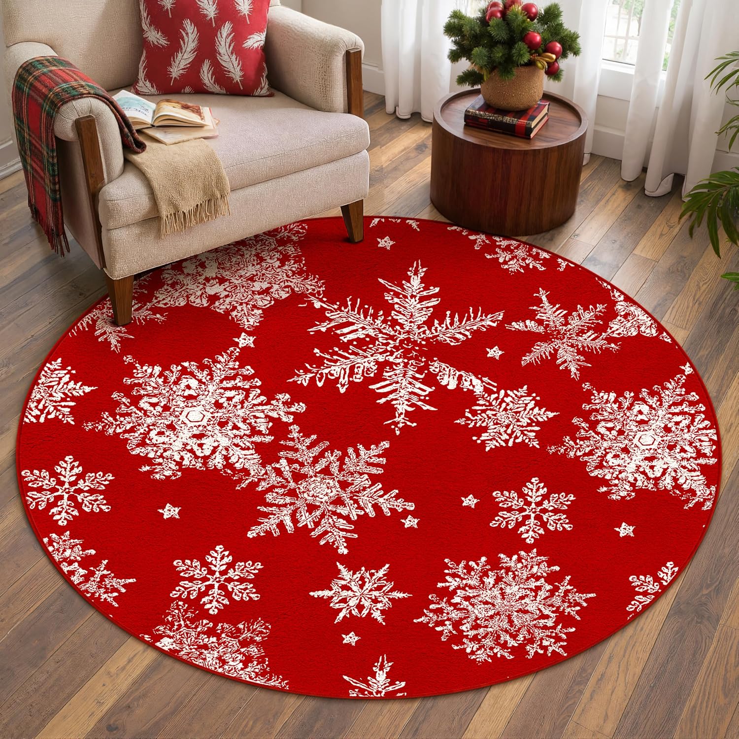 PureCozy Round Area Rug 8ft Red Christmas Living Room Carpet 8 x 8 mas Large Snowflake Circle Rug Indoor Kitchen Washable Bedroom Carpet Holiday Decor Dining Room Playroom