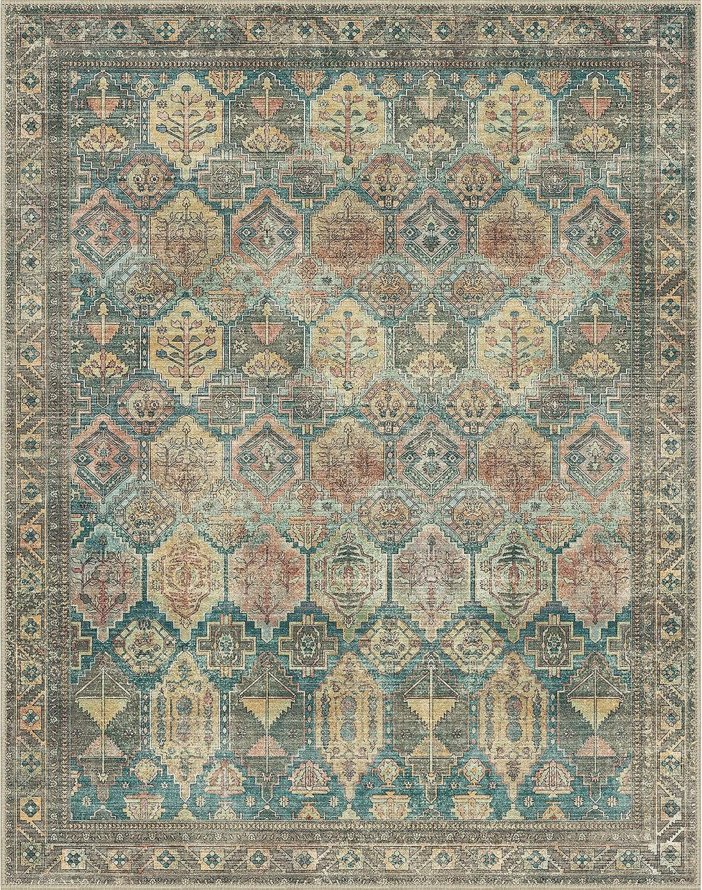 Bavni Washable Rug 8x10 Area Rug for Living Room Bedroom Dining, Washable Vintage Print Carpet, Ultra-Thin Low Pile Lightweight Rug with Non Slip Backing, Multi Green