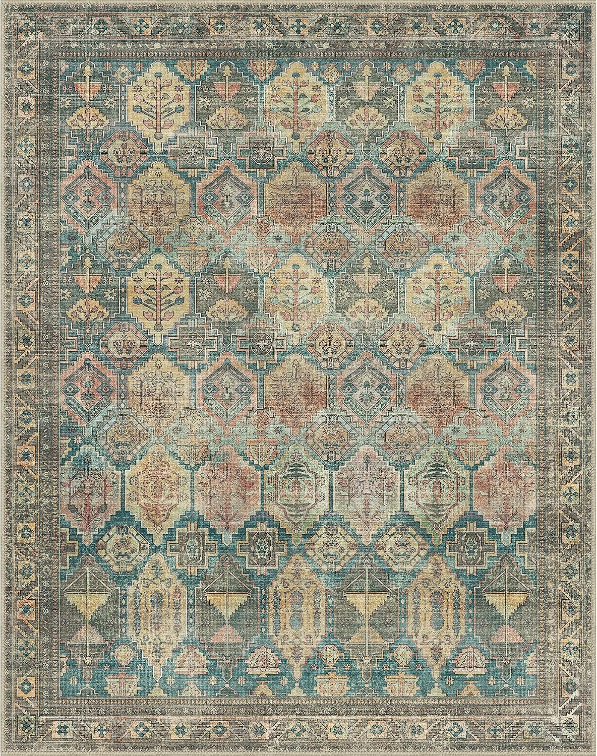 Bavni Washable Rug 8x10 Area Rug for Living Room Bedroom Dining, Washable Vintage Print Carpet, Ultra-Thin Low Pile Lightweight Rug with Non Slip Backing, Multi Green