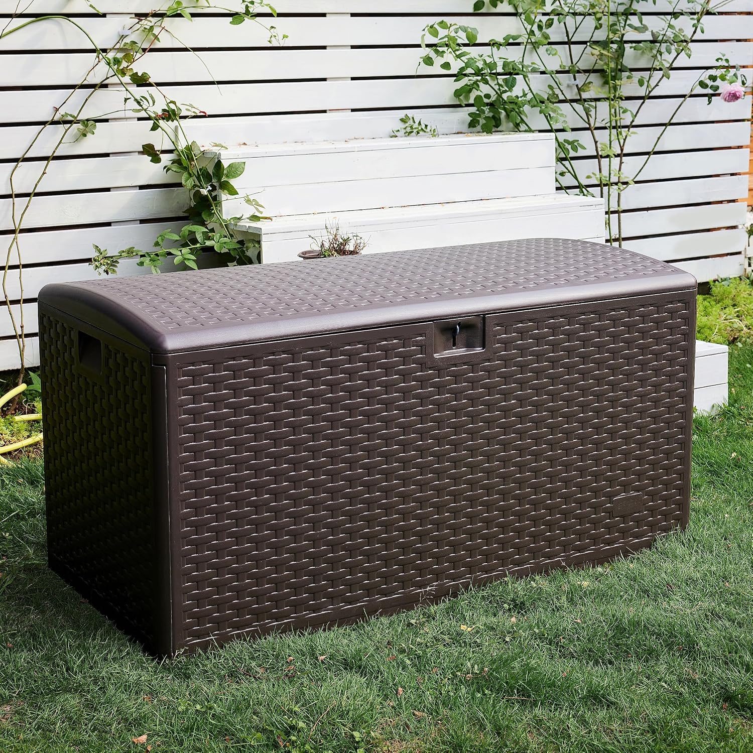 Amazon Basics Outdoor Storage Deck Box, Lockable, Weather-Resistant, 99 Gallon, Brown, for Patio Cushions, Gardening Tools, Pool Accessories
