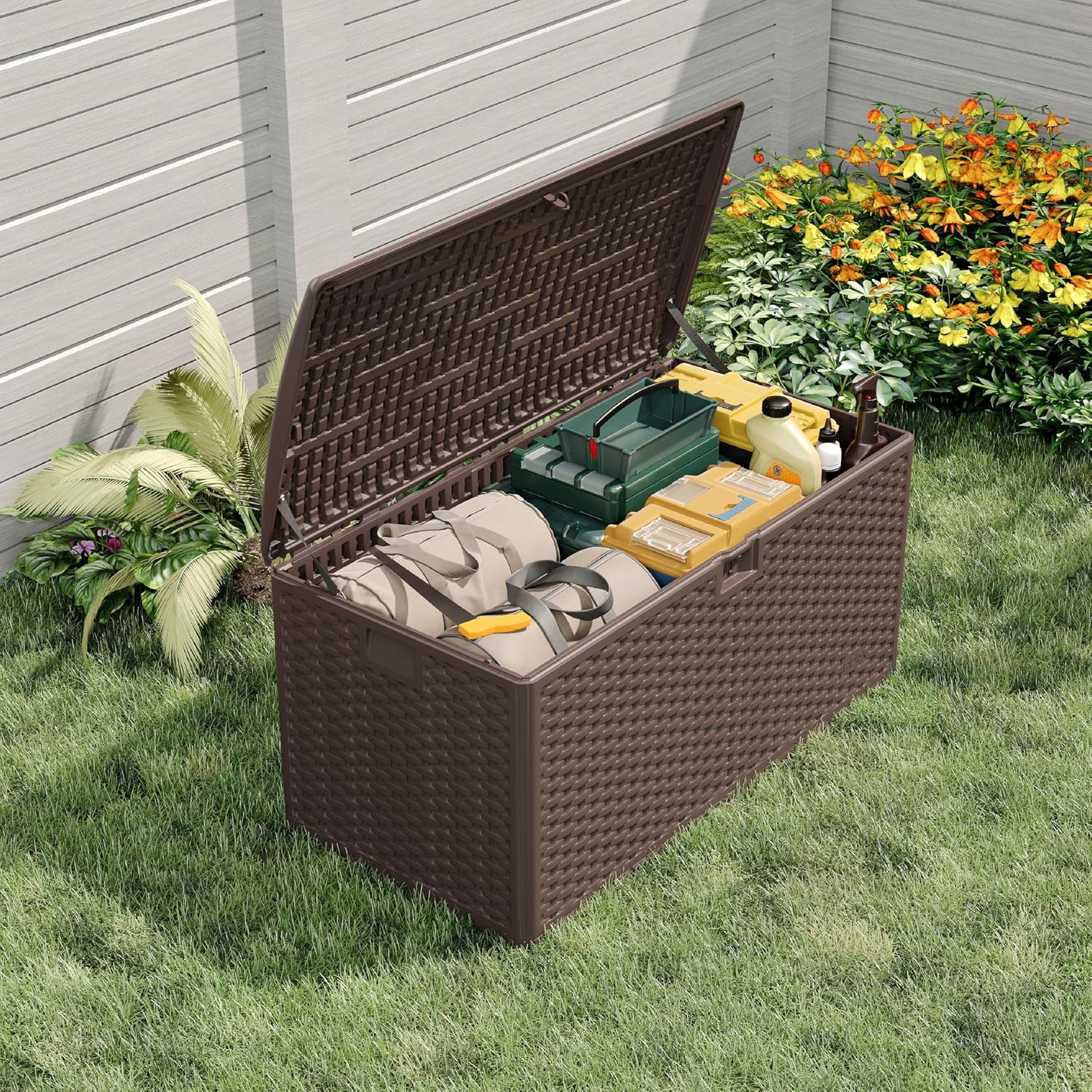 Garvee 99 Gallon Waterproof Large Resin Deck Box Indoor Outdoor, Lockable Storage Container for Patio Furniture Tools, Waterproof Deck Box Patio Storage Bin for Pool Garden, Brown