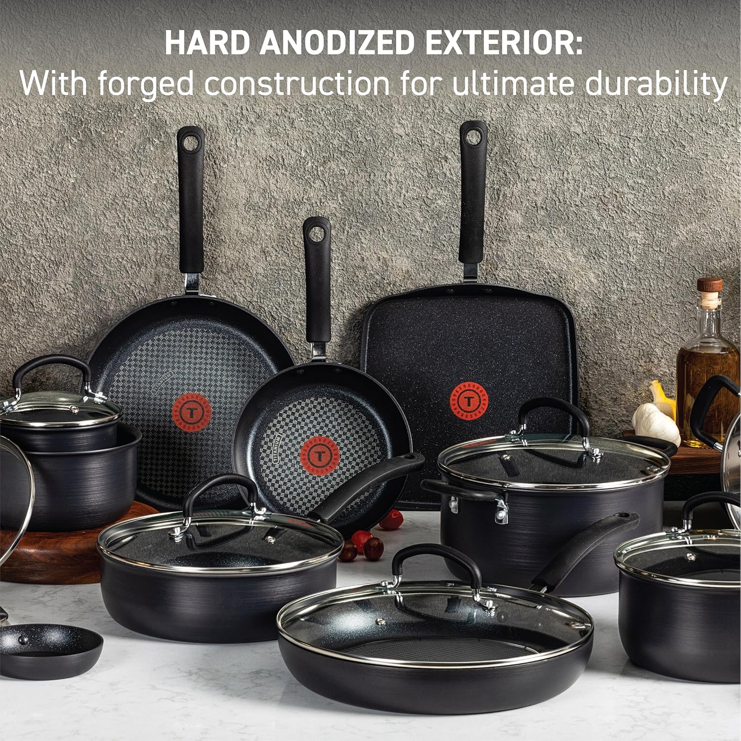 T-fal Ultimate Hard Anodized Nonstick Cookware Set 12 Piece, Oven Broiler Safe 400F, Lid Safe 350F, Kitchen Cooking Set w/Fry Pans, Saucepans, Dutch Oven, Pots and Pans, Dishwasher Safe, Onyx