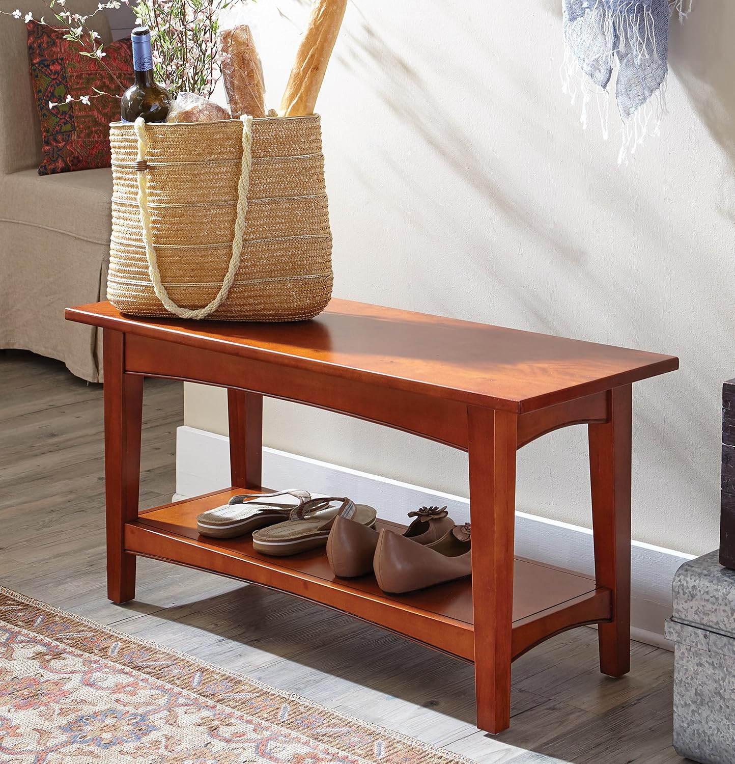 Shaker Cottage Bench in Cherry – Entryway Furniture, Shoes Shelf, Coffee Table, Long Lasting Durability, Easy Assembly, Transitional, Cottage Styling