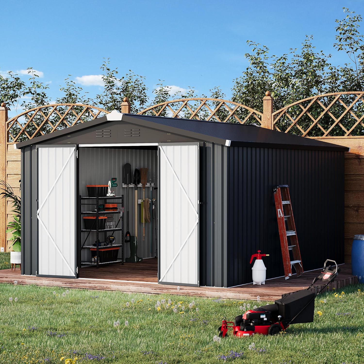 U-MAX 10x14 Outdoor Storage Shed, Large Metal Outside Garden Sheds & Outdoor Storage Clearance, Tool Shed Lockable for Backyard, Patio and Outside Use in Dark Grey