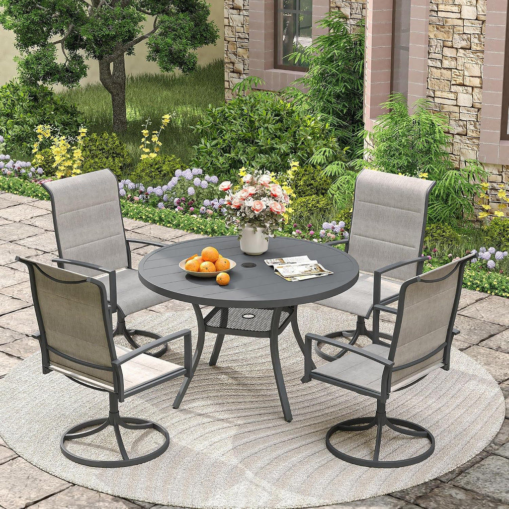 VICLLAX 40.6' Round Metal Outdoor Dining Table for 4, Patio Table with Umbrella Hole and Storage Shelf for Garden, Lawn, Deck, Dark Grey