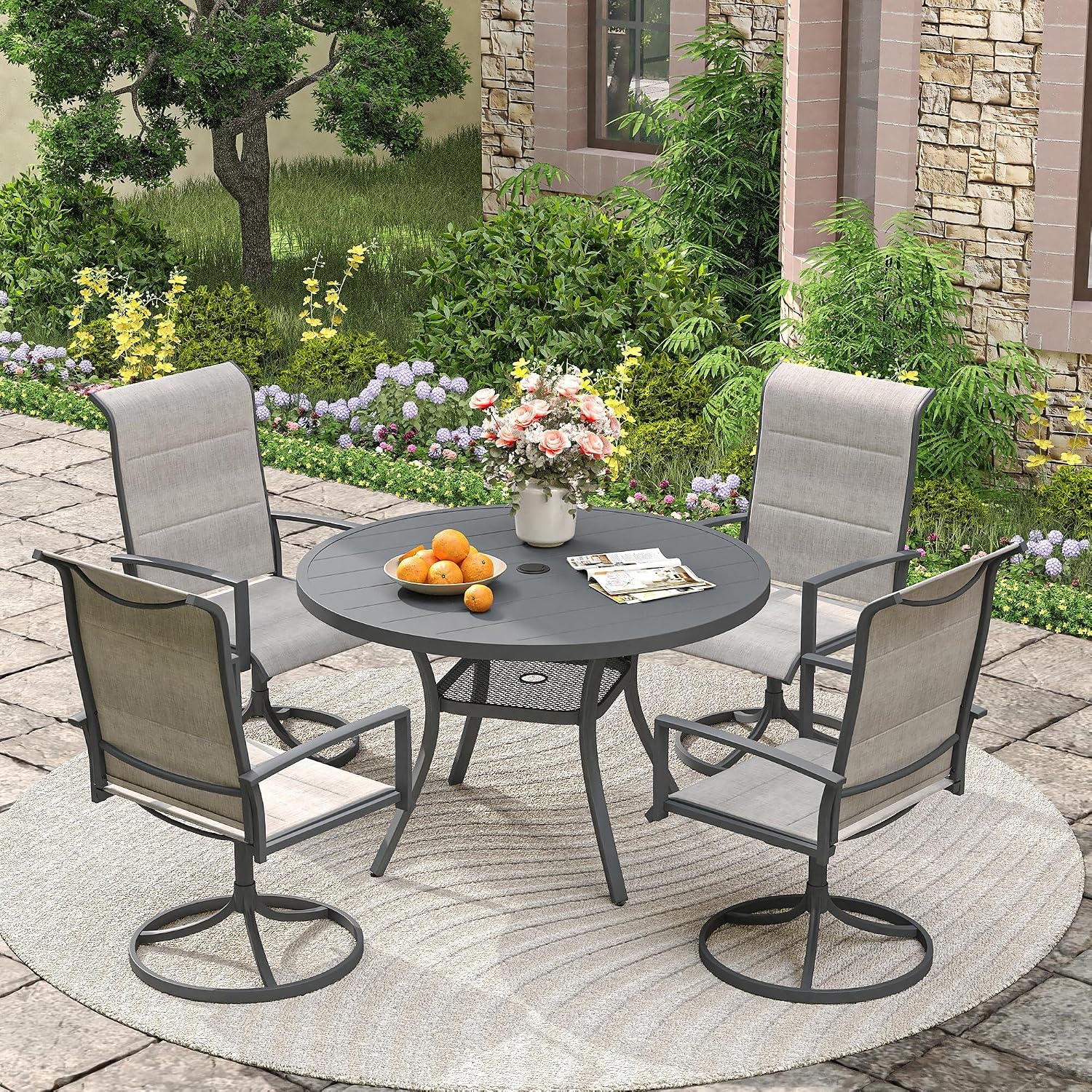 VICLLAX 40.6' Round Metal Outdoor Dining Table for 4, Patio Table with Umbrella Hole and Storage Shelf for Garden, Lawn, Deck, Dark Grey