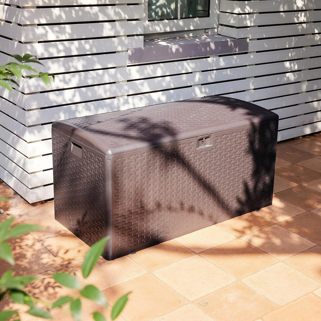 Amazon Basics Outdoor Storage Deck Box, Lockable, Weather-Resistant, 99 Gallon, Brown, for Patio Cushions, Gardening Tools, Pool Accessories