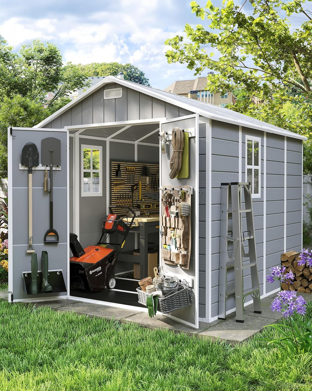 Amopatio 8x8 FT Resin Storage Shed, Outdoor Shed with Floor Included, Plastic Storage Sheds for Bike, Garden Tools, Sheds & Outdoor Storage with Lockable Door, Window & Vents, Grey & White