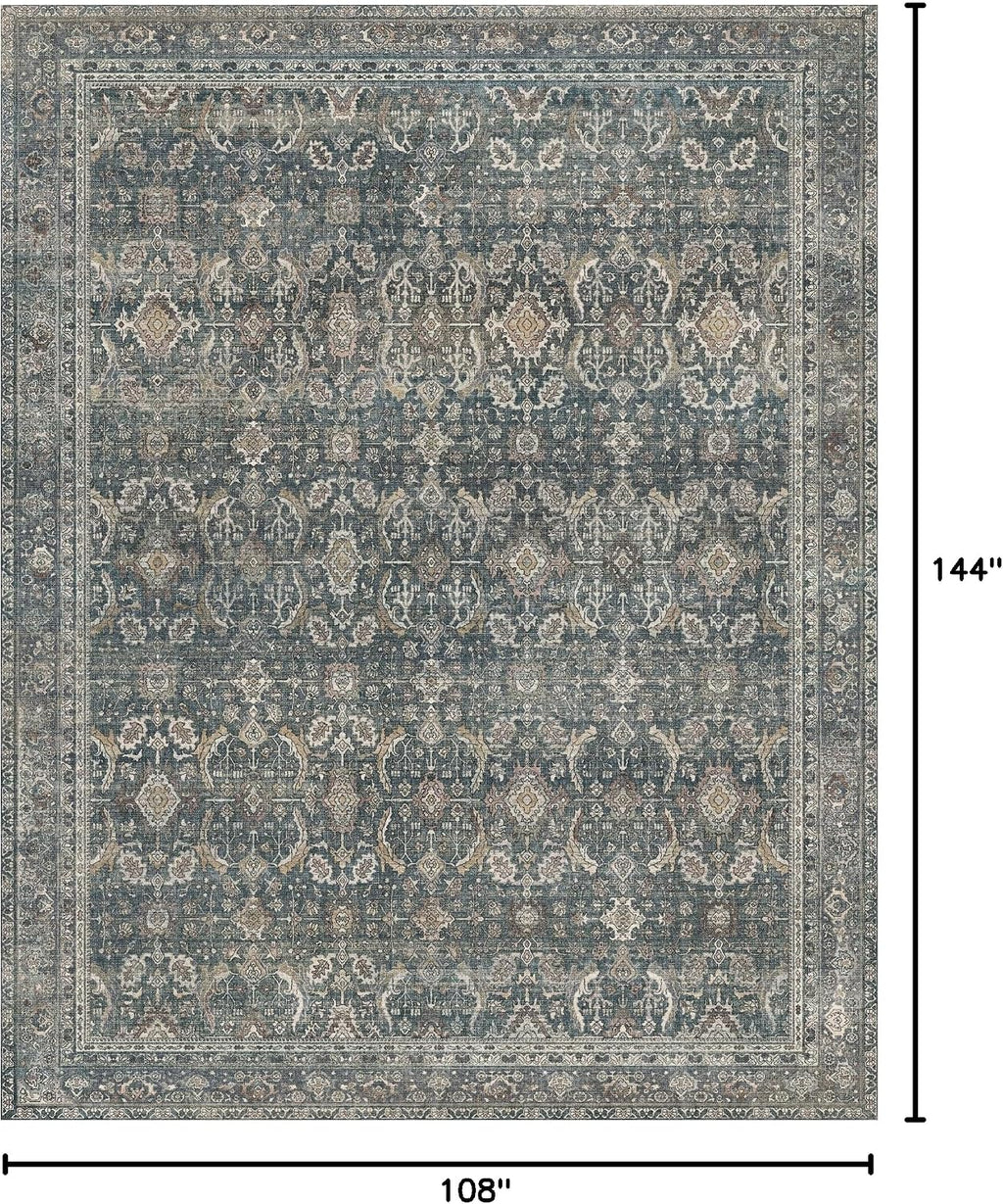 BESBLEE 9X12 Area Rugs Machine Washable Rugs for Living Room, Vintage Boho Large Rugs for Bedroom Dining Room, Non Slip Indoor Soft Distressed Lightweight Thin Low Pile Carpet, Deep