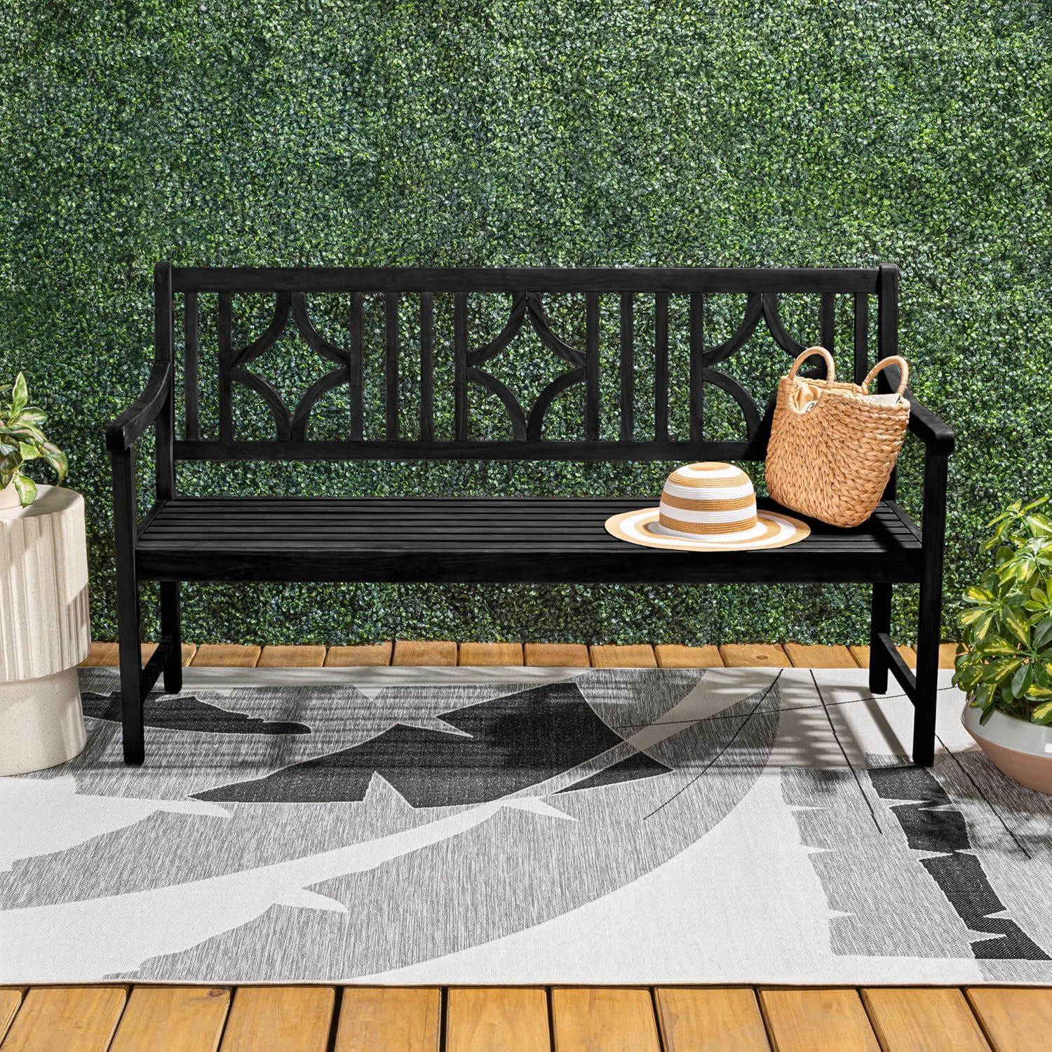JONATHAN Y BNH100C Sloane 59.1' 3-Seat Ogee Diamond-Back 600-Lbs Support Acacia Wood Outdoor Garden Patio Bench for Garden, Lawn, Backyard, Pool, Deck, Beach, Firepit, Black