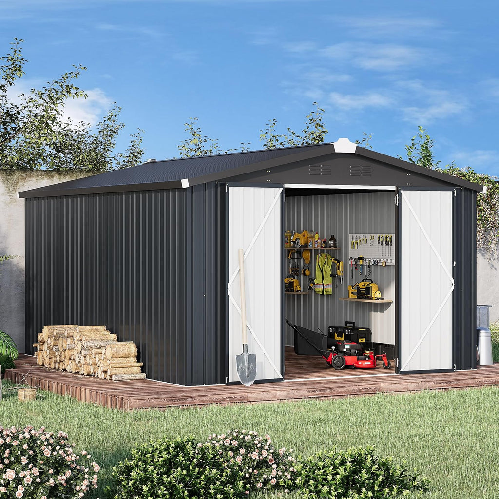 U-MAX 10x14 Outdoor Storage Shed, Large Metal Outside Garden Sheds & Outdoor Storage Clearance, Tool Shed Lockable for Backyard, Patio and Outside Use in Dark Grey