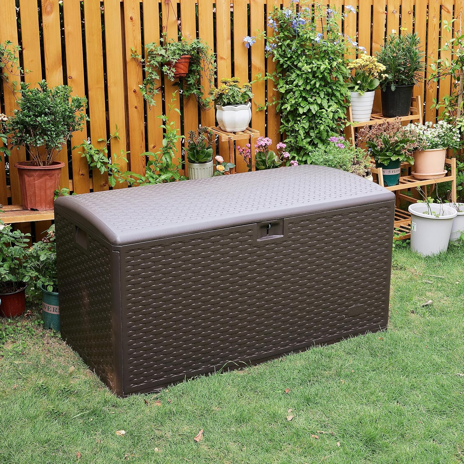Amazon Basics Outdoor Storage Deck Box, Lockable, Weather-Resistant, 99 Gallon, Brown, for Patio Cushions, Gardening Tools, Pool Accessories